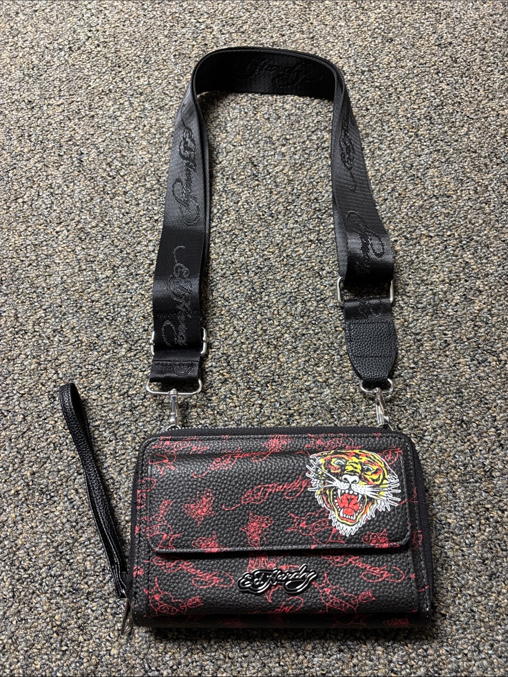 Ed Hardy Black Crossbody Wallet with Tiger